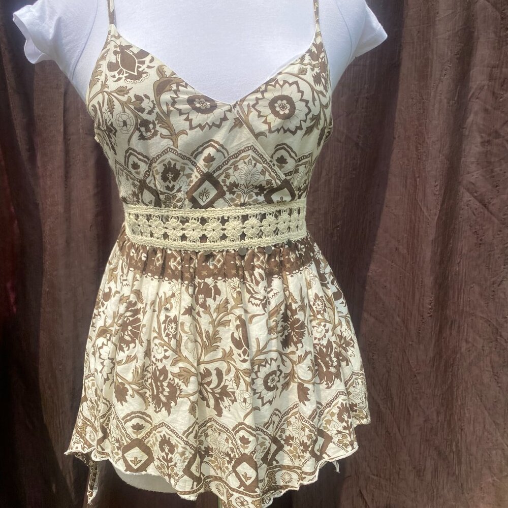 Asymmetric Boho Paisley Tank Top Lace Trim Halter Camisole Earthy Size S - Picture 2 of 6